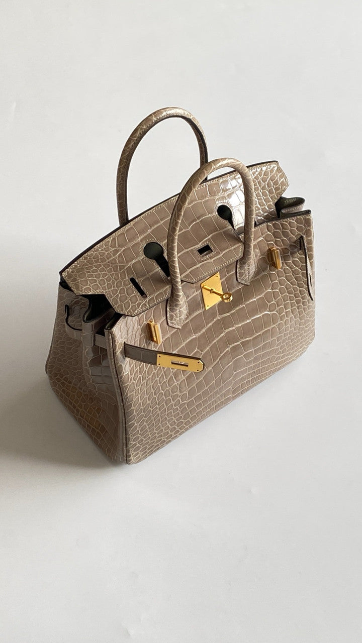 HERMES BIRKIN 30 BAG GRIS TOURTERELLE ALLIGATOR GOLD HARDWARE Hermes