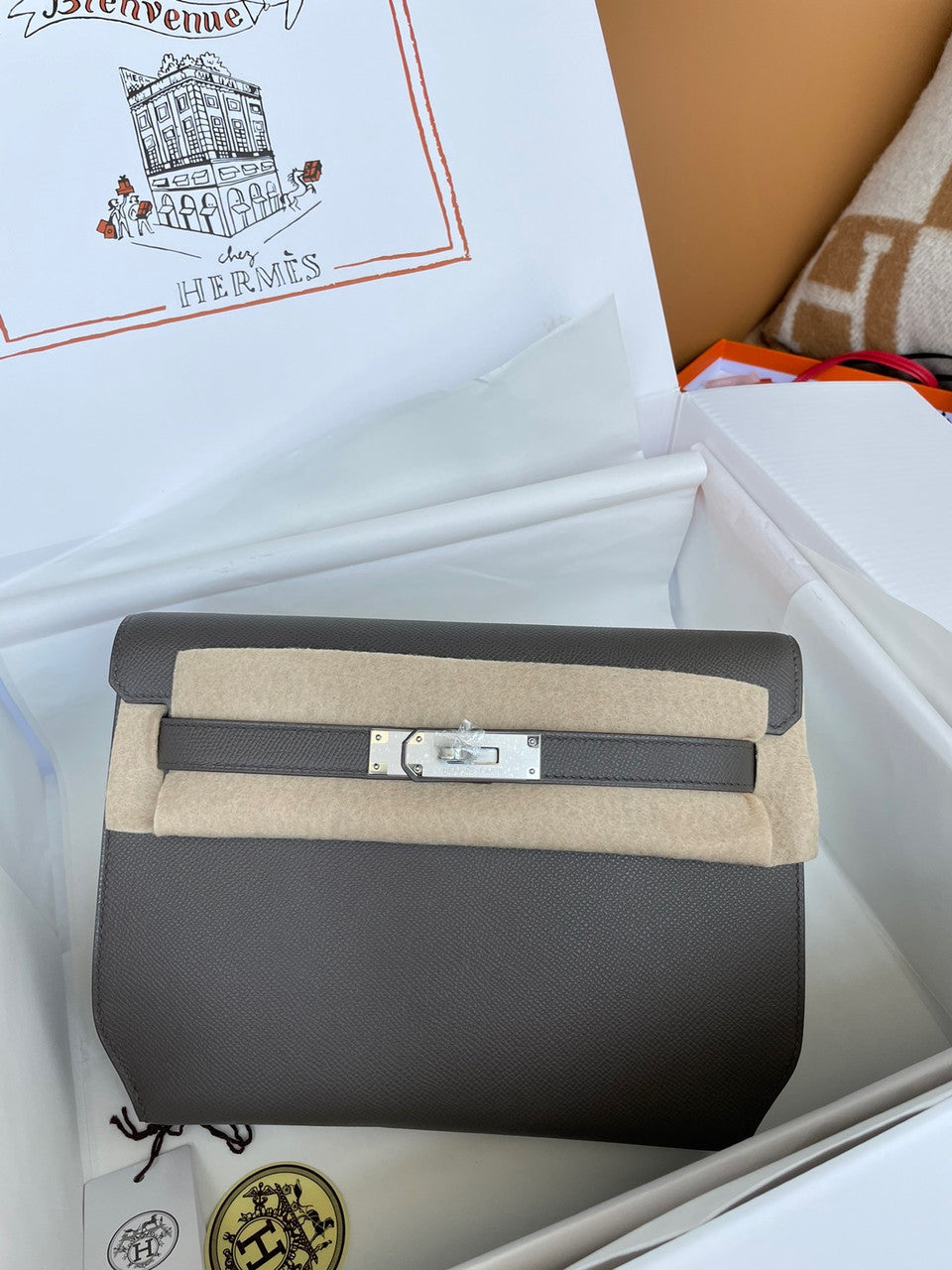 Hermes Kelly Depeches 25 Pochette Graphite Epsom Palladium Hardware