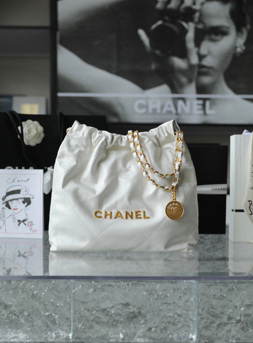 CHANEL 22 SMALL HANDBAG WHITE GOLD LOGO