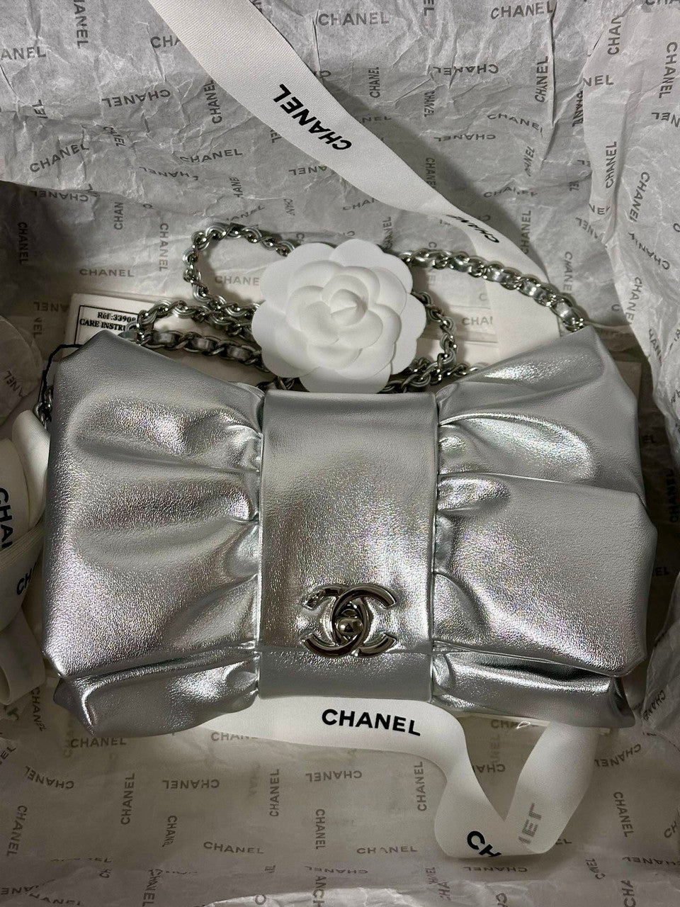 CHANEL BOW TIE CLUTCH SILVER