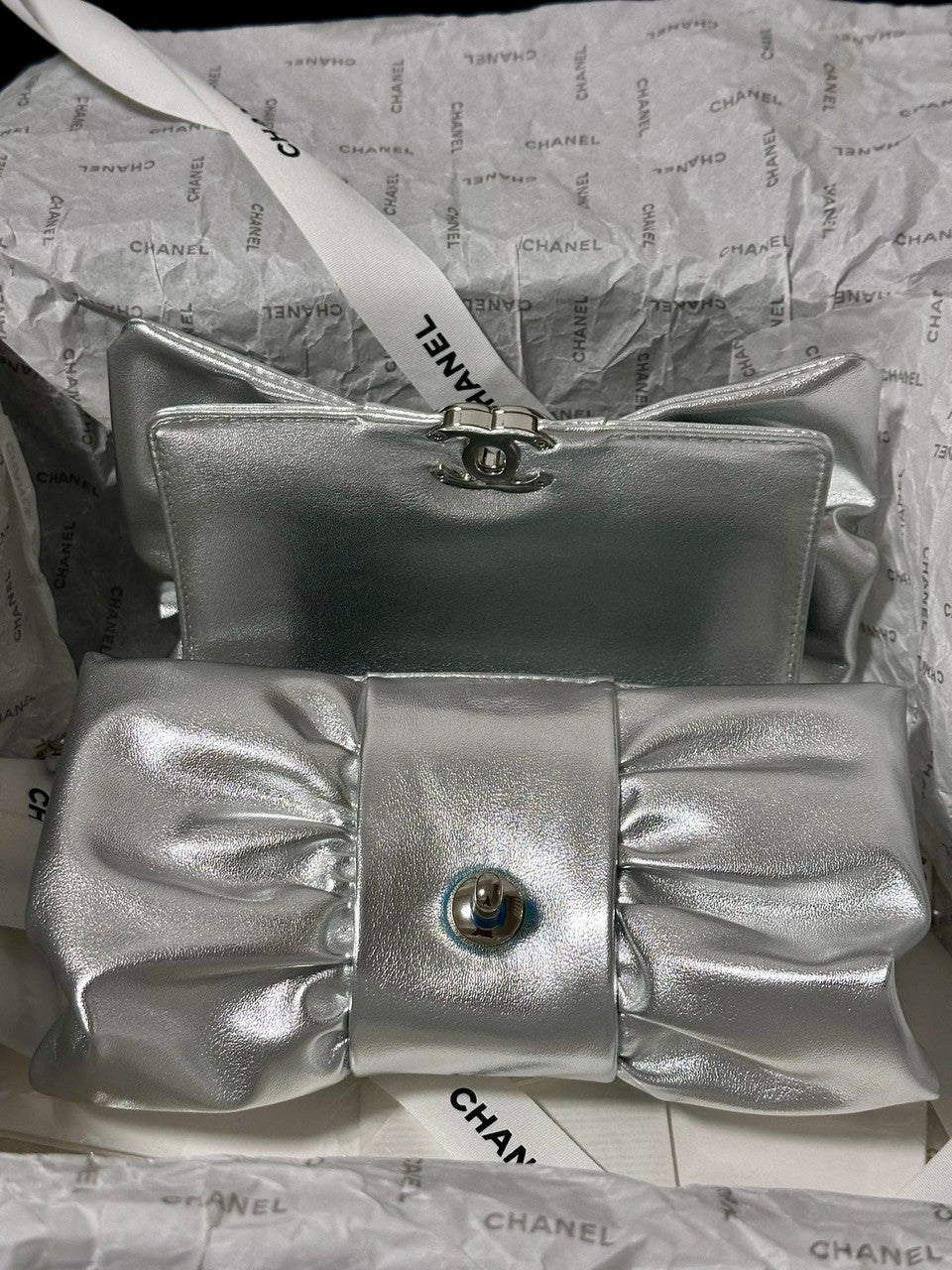 CHANEL BOW TIE CLUTCH SILVER