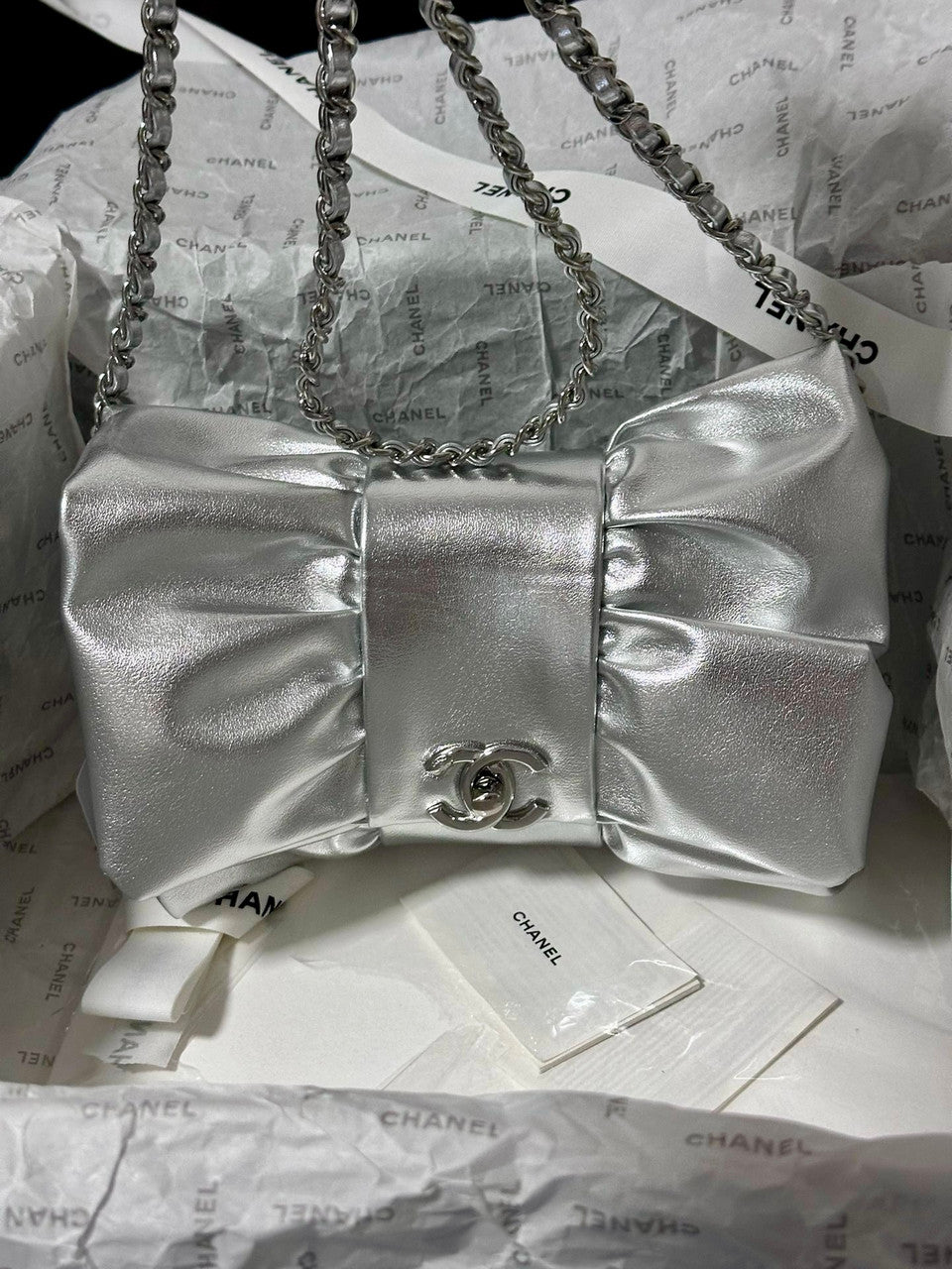 CHANEL BOW TIE CLUTCH SILVER