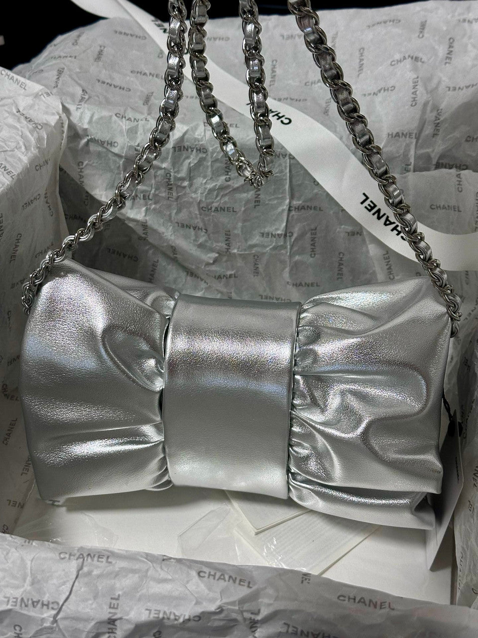 CHANEL BOW TIE CLUTCH SILVER