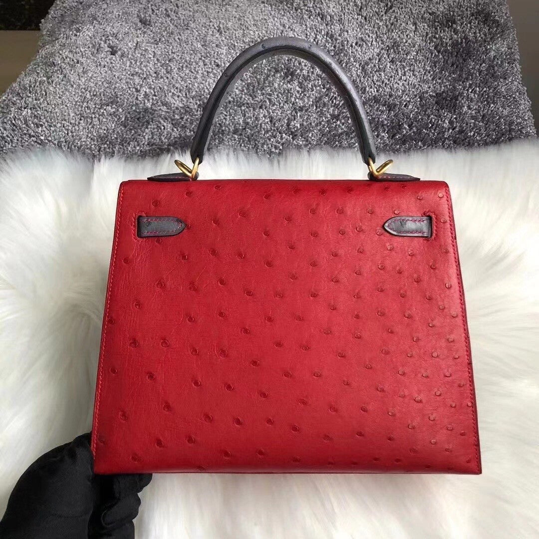 Hermes Special Order  Kelly 28 Sellier red/gris Ostrich Gold Hardware