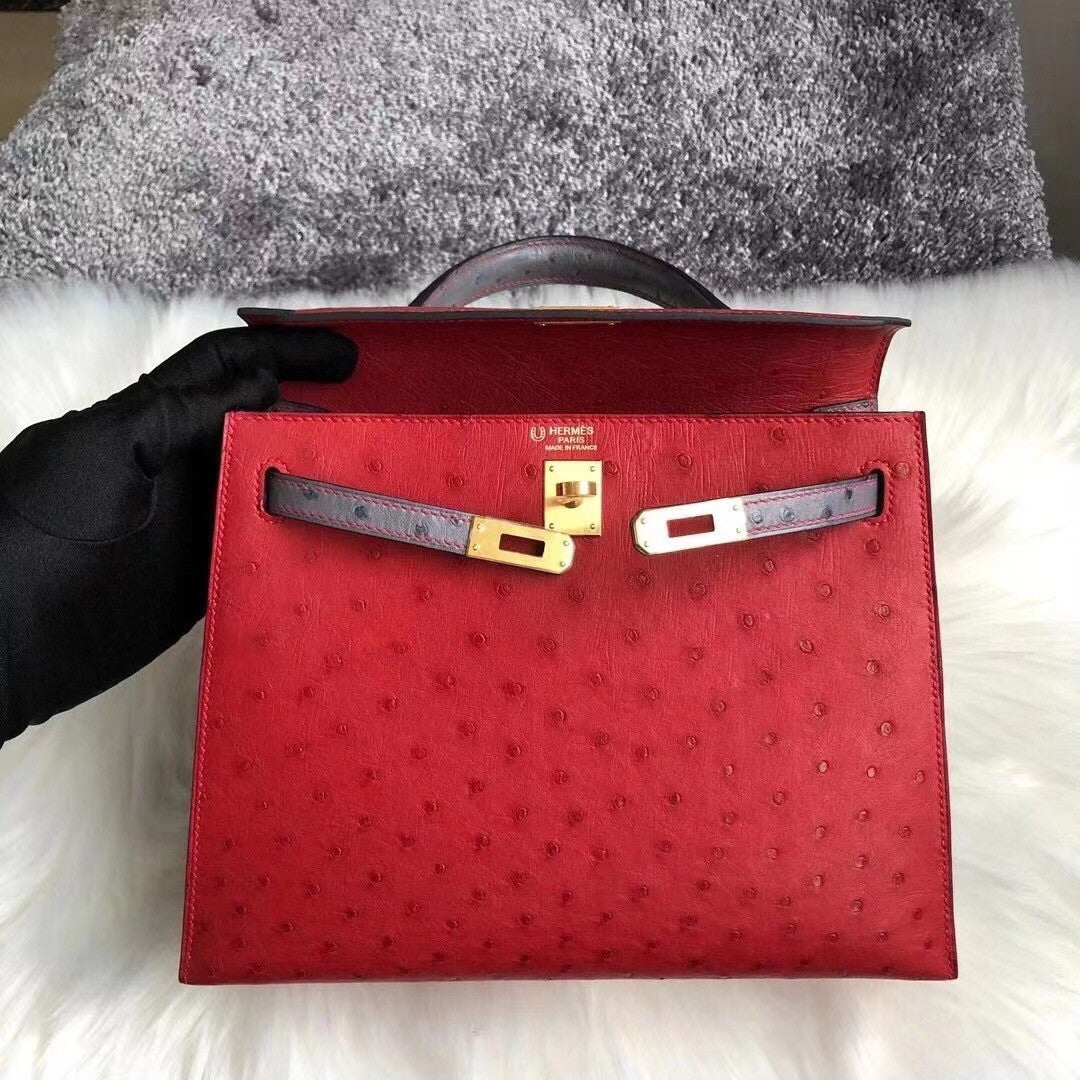 Hermes Special Order  Kelly 28 Sellier red/gris Ostrich Gold Hardware