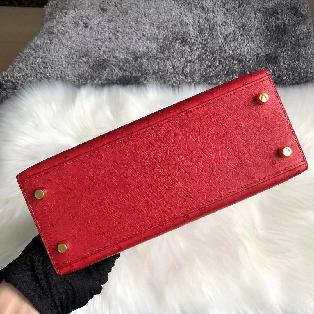 Hermes Special Order  Kelly 28 Sellier red/gris Ostrich Gold Hardware