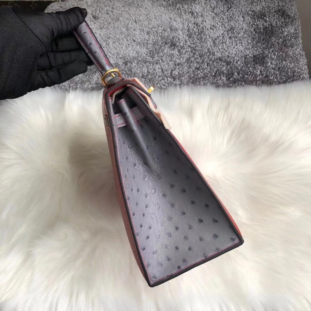 Hermes Special Order  Kelly 28 Sellier red/gris Ostrich Gold Hardware