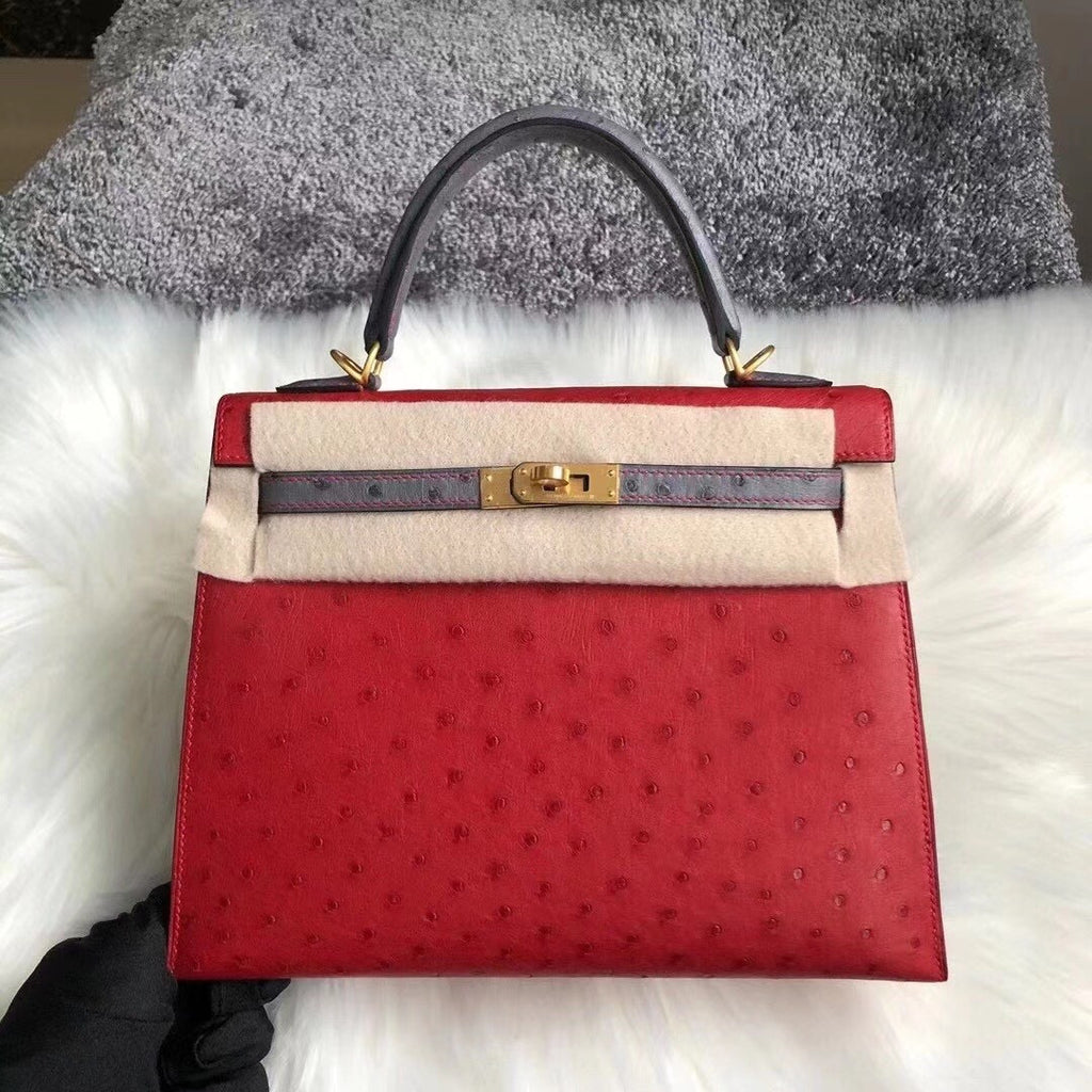 Hermes Special Order  Kelly 28 Sellier red/gris Ostrich Gold Hardware