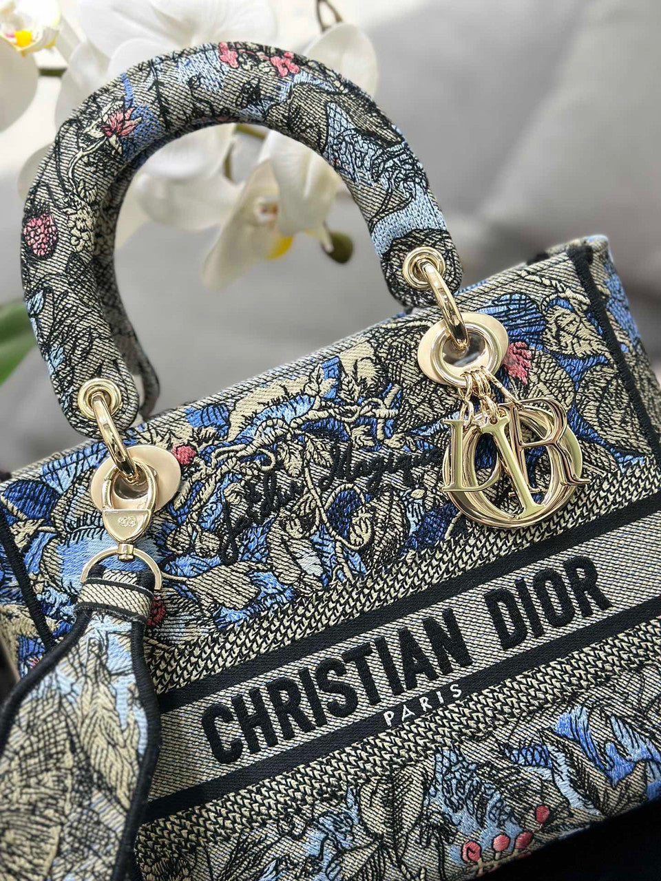 Christian Dior MEDIUM DENIM LADY D-LITE BAG SS2023 Denim Multicolor Dior Jardin Magique Embroidery
