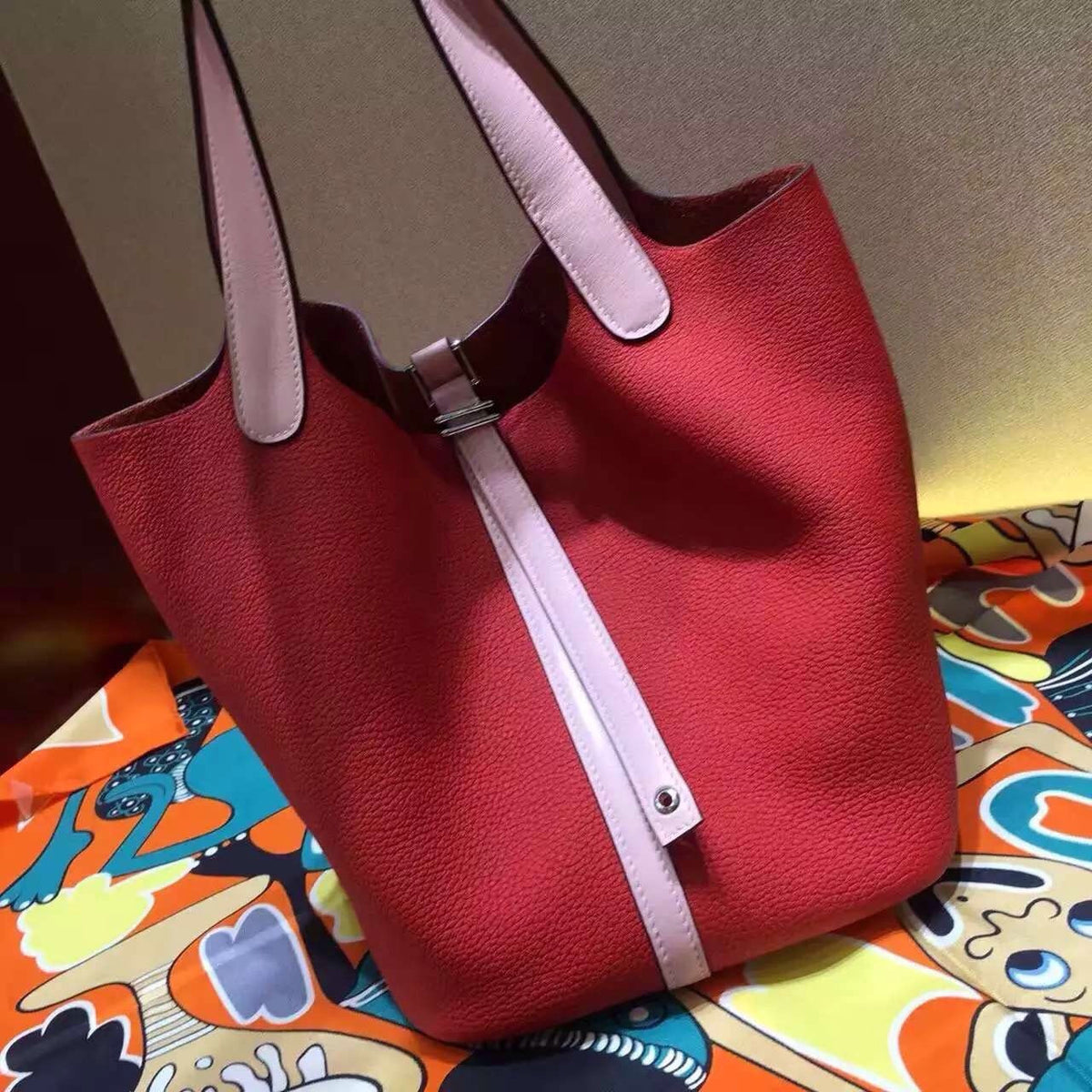 Hermes Rose Sakura 3Q Swift/ Rouge Vif Togo Picotin Lock GM Togo Leather Bag