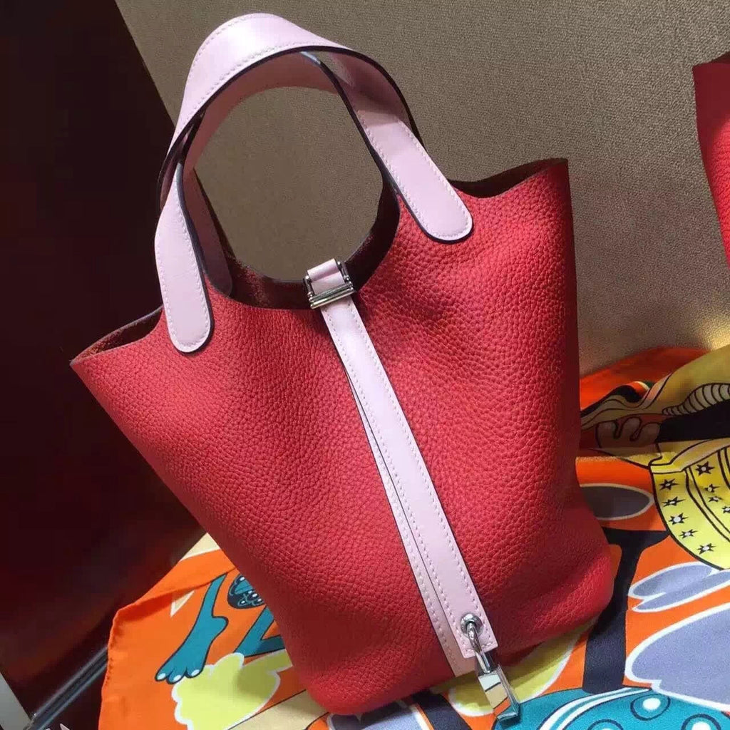 Hermes Rose Sakura 3Q Swift/ Rouge Vif Togo Picotin Lock GM Togo Leather Bag