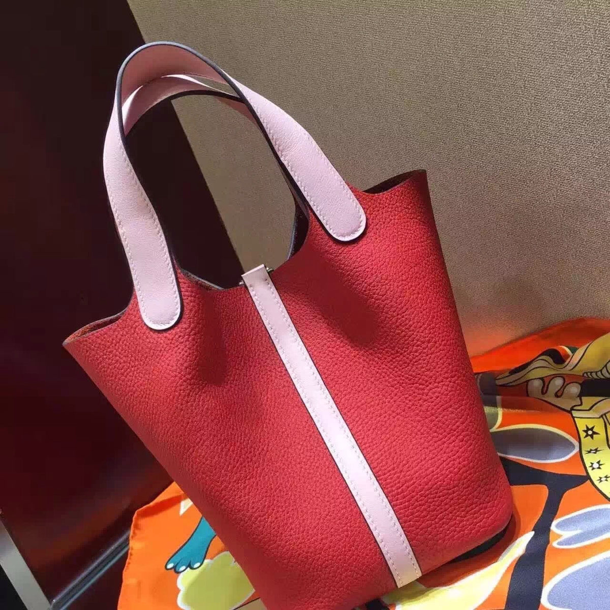 Hermes Rose Sakura 3Q Swift/ Rouge Vif Togo Picotin Lock GM Togo Leather Bag
