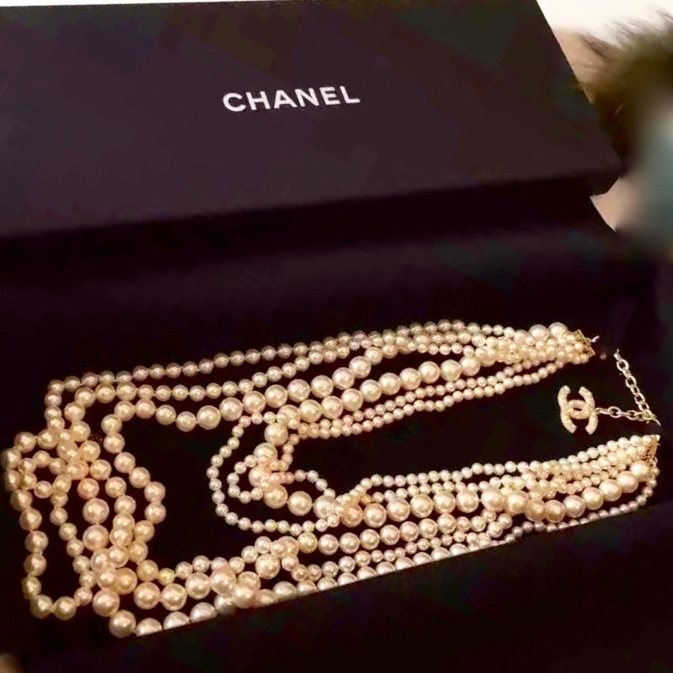 CHANEL Runway Edition Multi Strand  CC Pearl Camelia Long Necklace