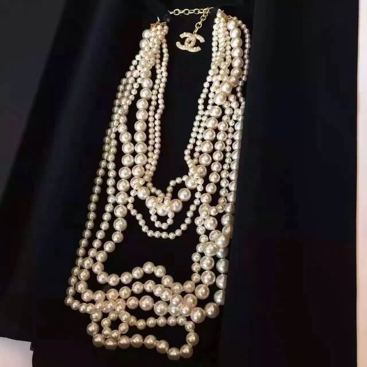 CHANEL Runway Edition Multi Strand  CC Pearl Camelia Long Necklace