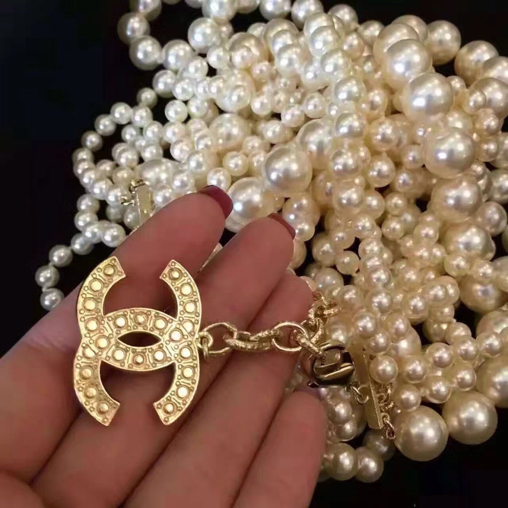 CHANEL Runway Edition Multi Strand  CC Pearl Camelia Long Necklace