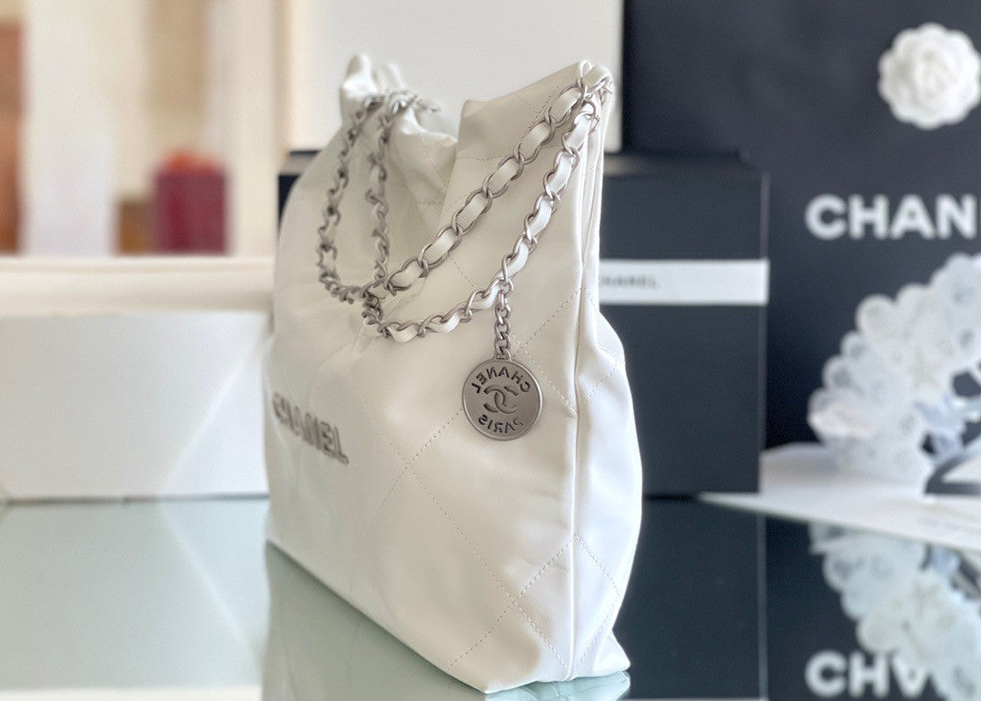 Chanel CHANEL 22 SMALL WHITE HANDBAG WITH SILVER HARDWARE