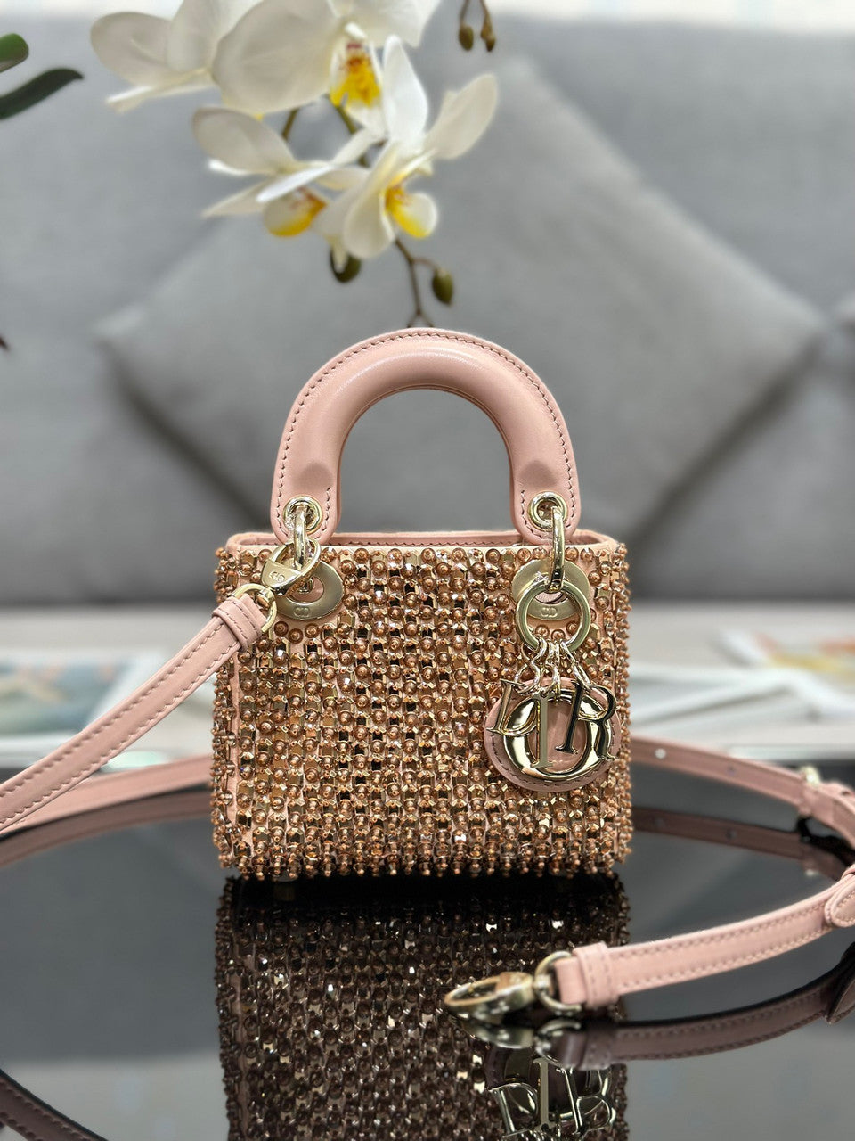 Christian Dior MINI LADY DIOR BAG Square-Motif Embroidery Set with Pink Strass and White Round Beads