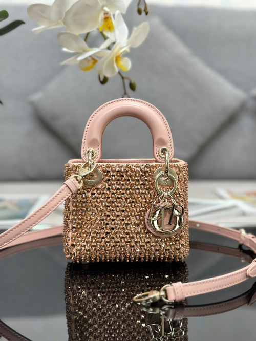 Christian Dior MINI LADY DIOR BAG Square-Motif Embroidery Set with Pink Strass and White Round Beads