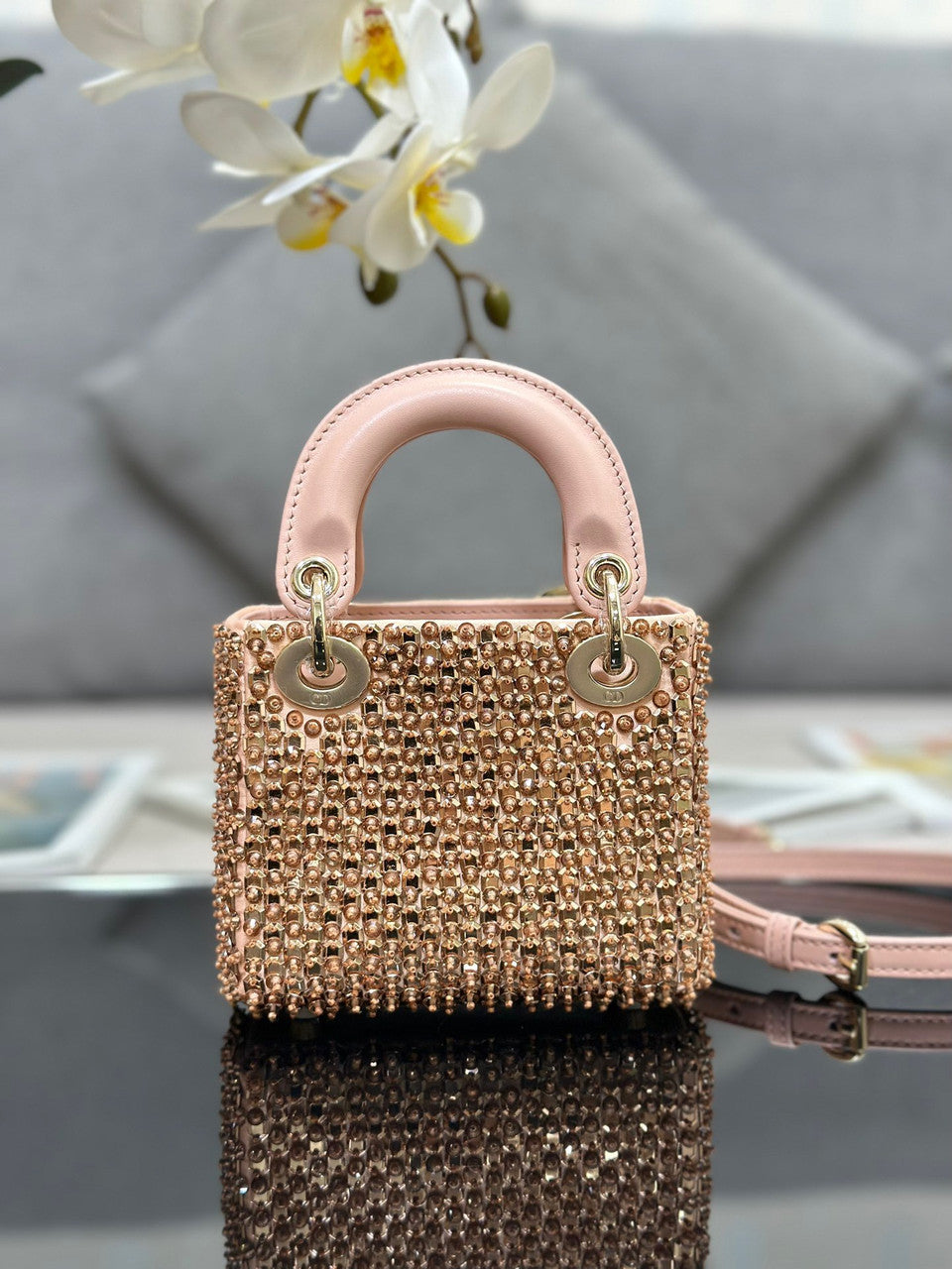 Christian Dior MINI LADY DIOR BAG Square-Motif Embroidery Set with Pink Strass and White Round Beads