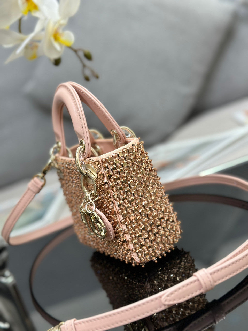 Christian Dior MINI LADY DIOR BAG Square-Motif Embroidery Set with Pink Strass and White Round Beads