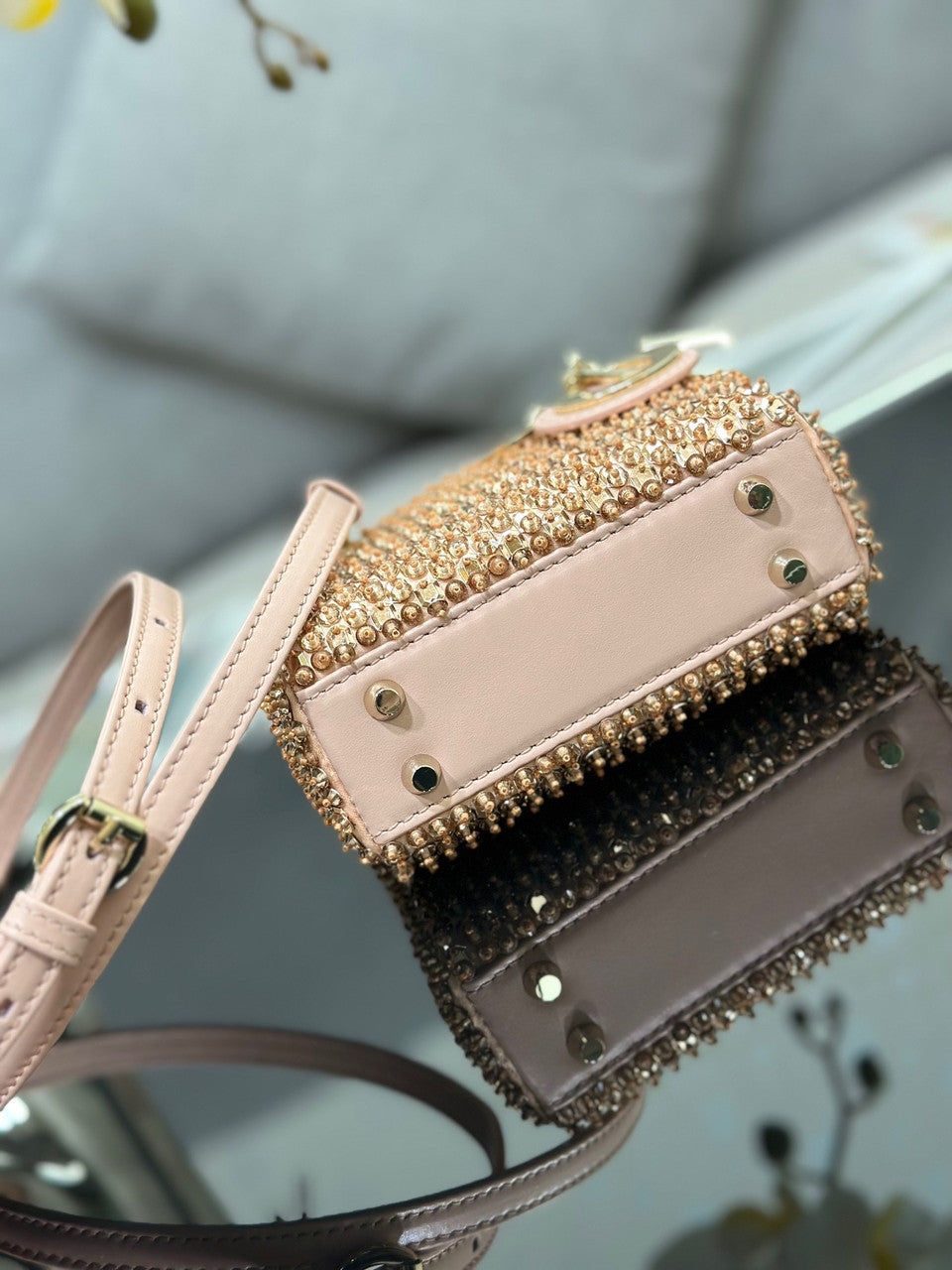 Christian Dior MINI LADY DIOR BAG Square-Motif Embroidery Set with Pink Strass and White Round Beads