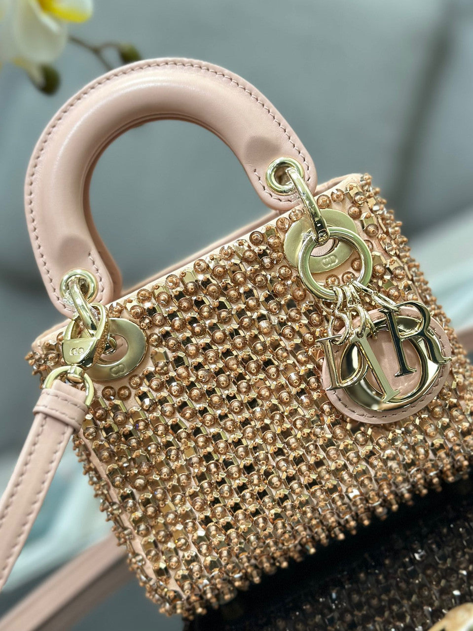 Christian Dior MINI LADY DIOR BAG Square-Motif Embroidery Set with Pink Strass and White Round Beads