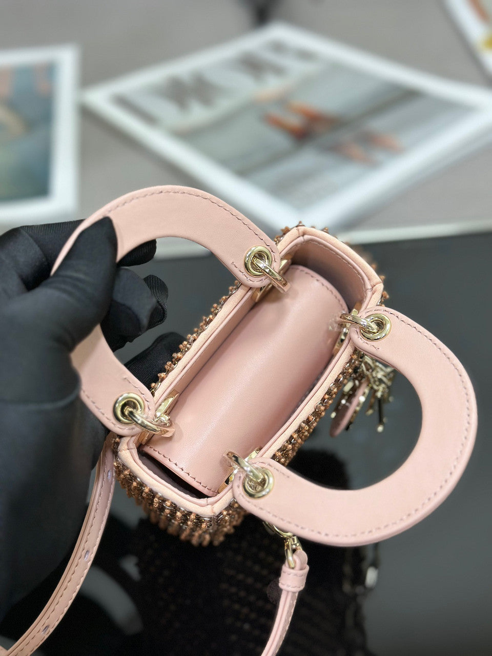 Christian Dior MINI LADY DIOR BAG Square-Motif Embroidery Set with Pink Strass and White Round Beads