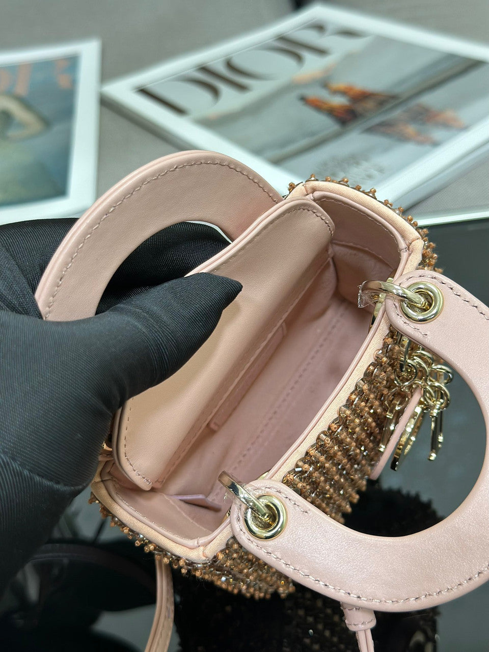 Christian Dior MINI LADY DIOR BAG Square-Motif Embroidery Set with Pink Strass and White Round Beads