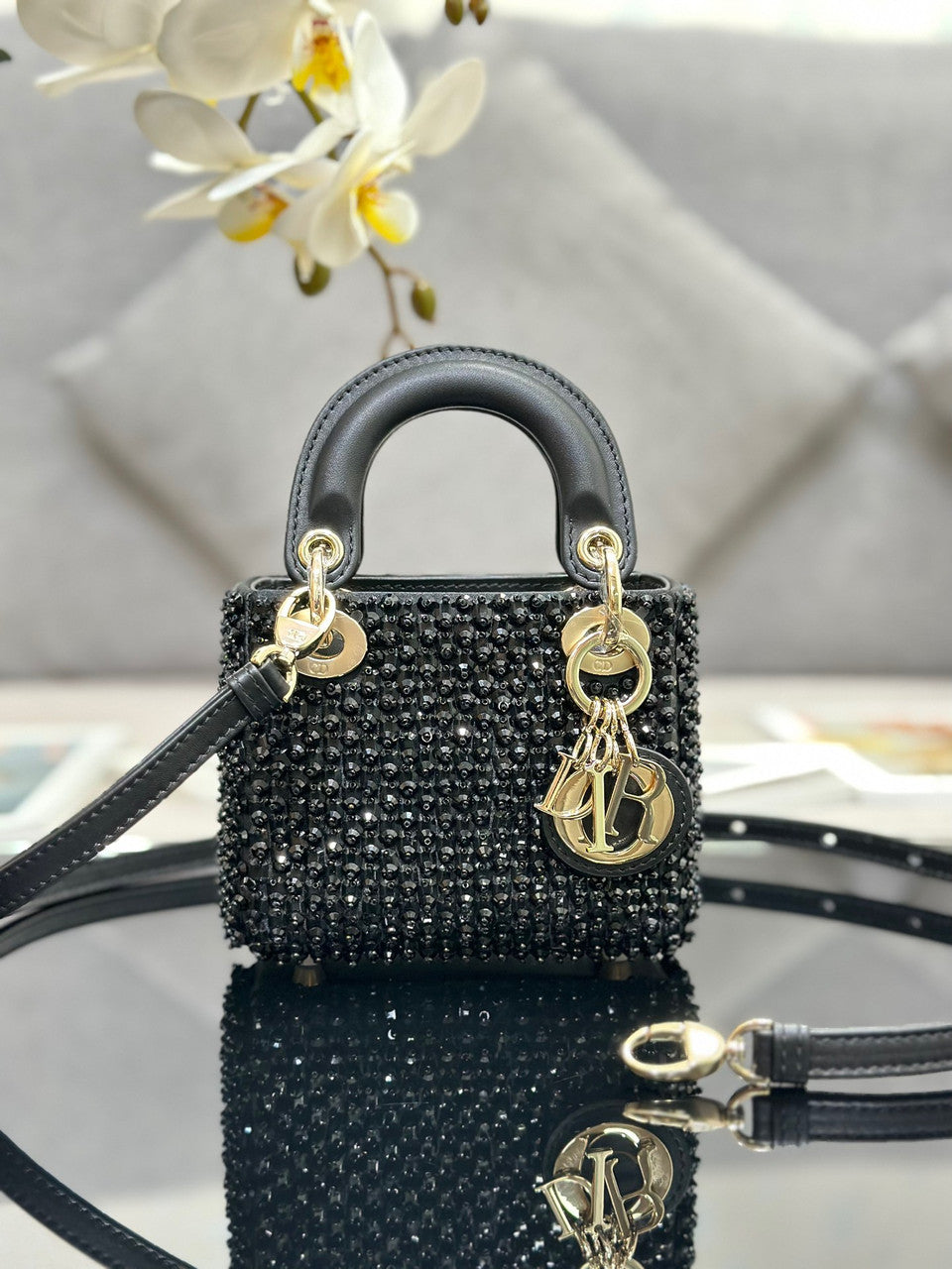 Christian Dior MINI LADY DIOR BAG Square-Motif Embroidery Set with black Strass and White Round Beads