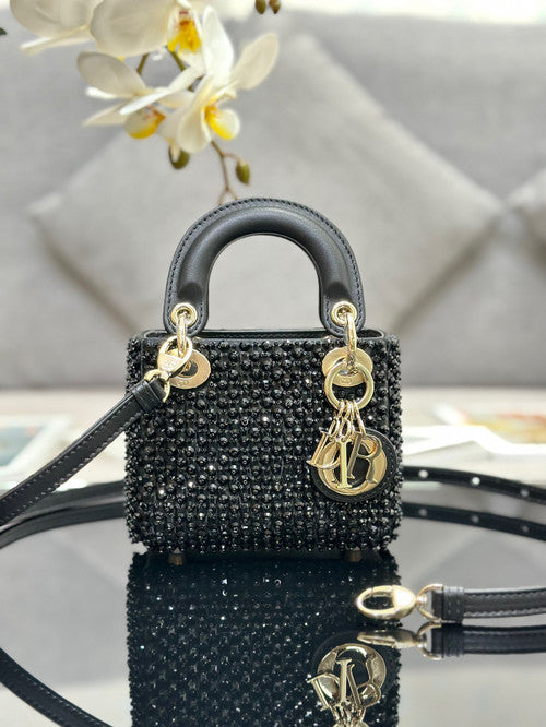 Christian Dior MINI LADY DIOR BAG Square-Motif Embroidery Set with black Strass and White Round Beads