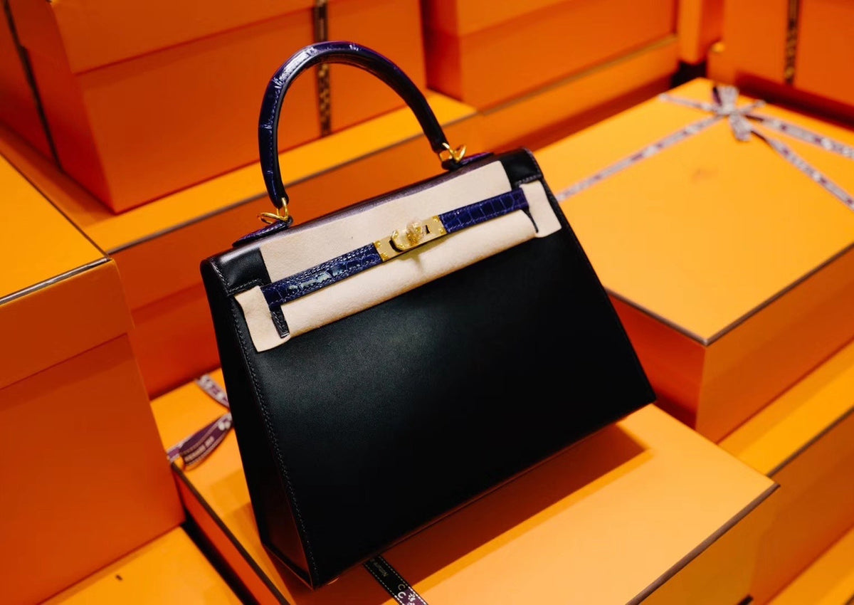 Hermès Special Order Black/ Blue  Electric Kelly 28 Box Leather  Gold Hardware with crocodile handle