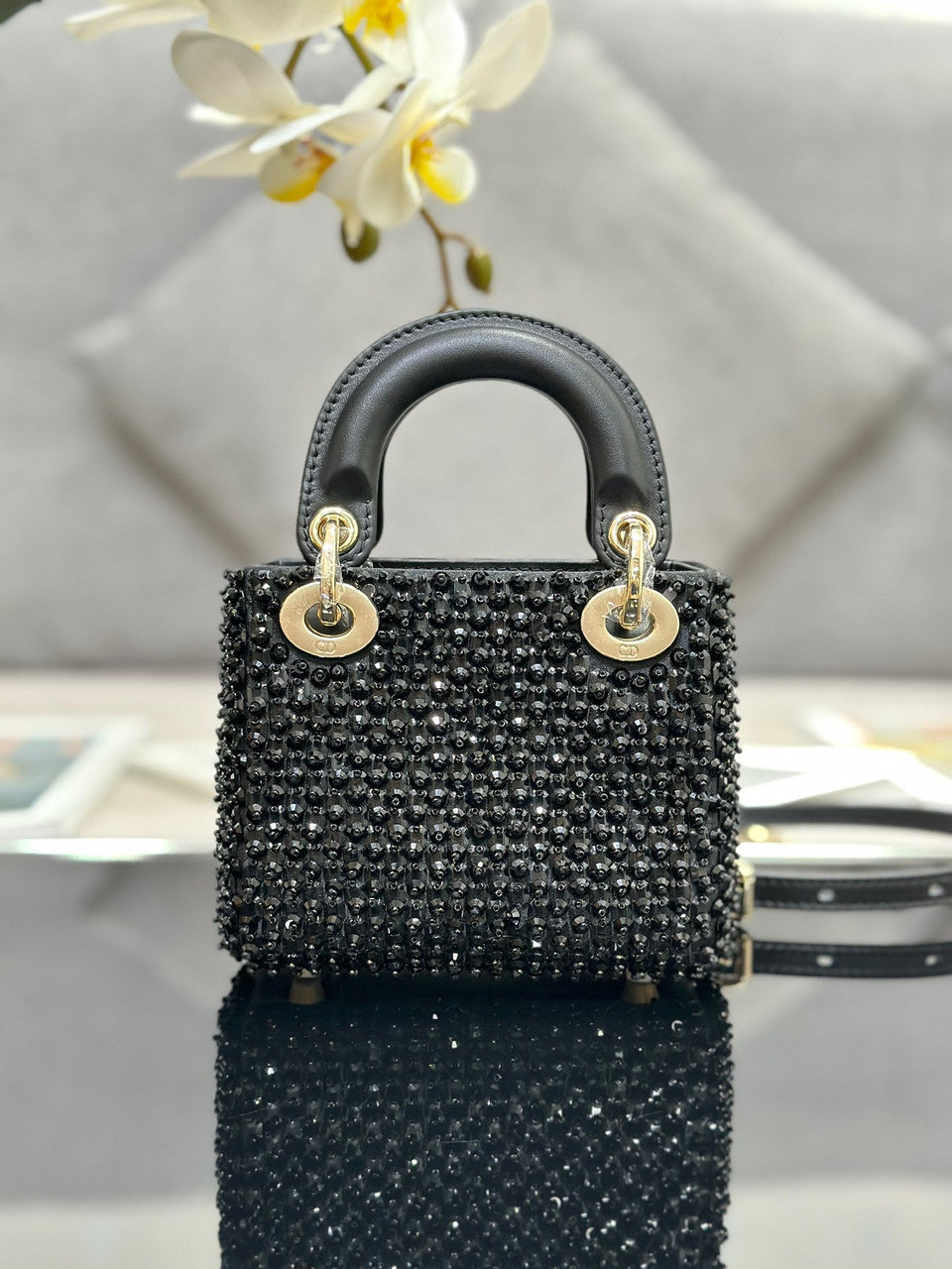Christian Dior MINI LADY DIOR BAG Square-Motif Embroidery Set with black Strass and White Round Beads
