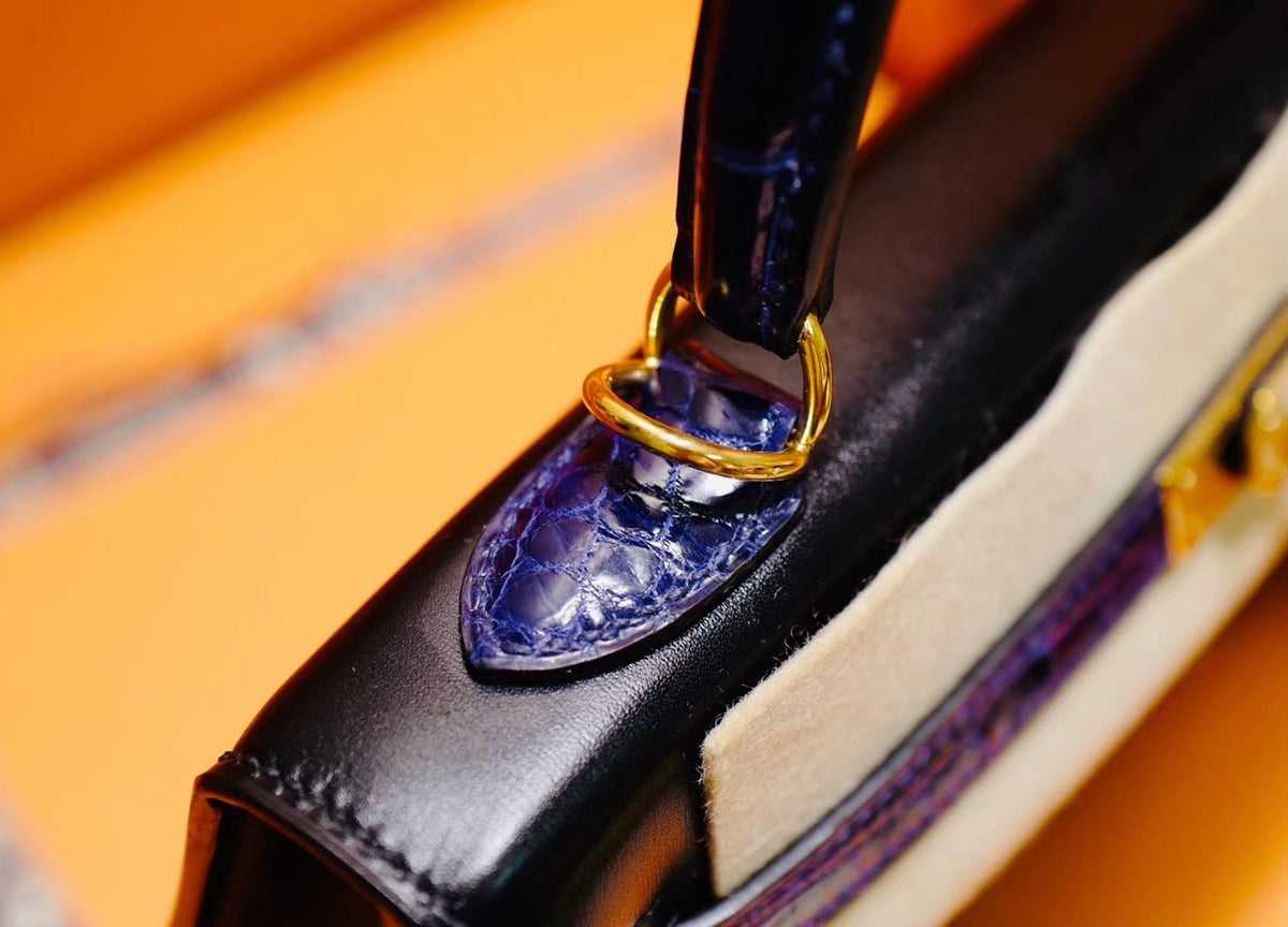 Hermès Special Order Black/ Blue  Electric Kelly 28 Box Leather  Gold Hardware with crocodile handle