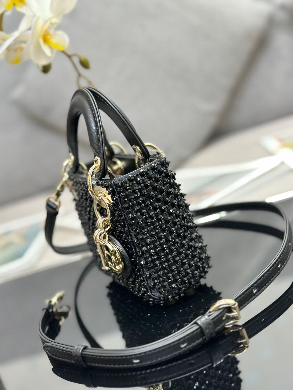 Christian Dior MINI LADY DIOR BAG Square-Motif Embroidery Set with black Strass and White Round Beads