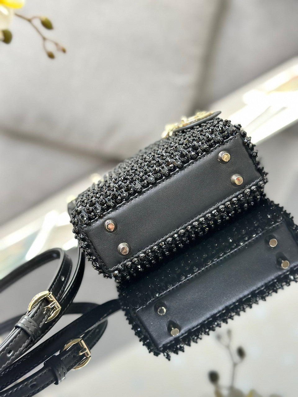 Christian Dior MINI LADY DIOR BAG Square-Motif Embroidery Set with black Strass and White Round Beads