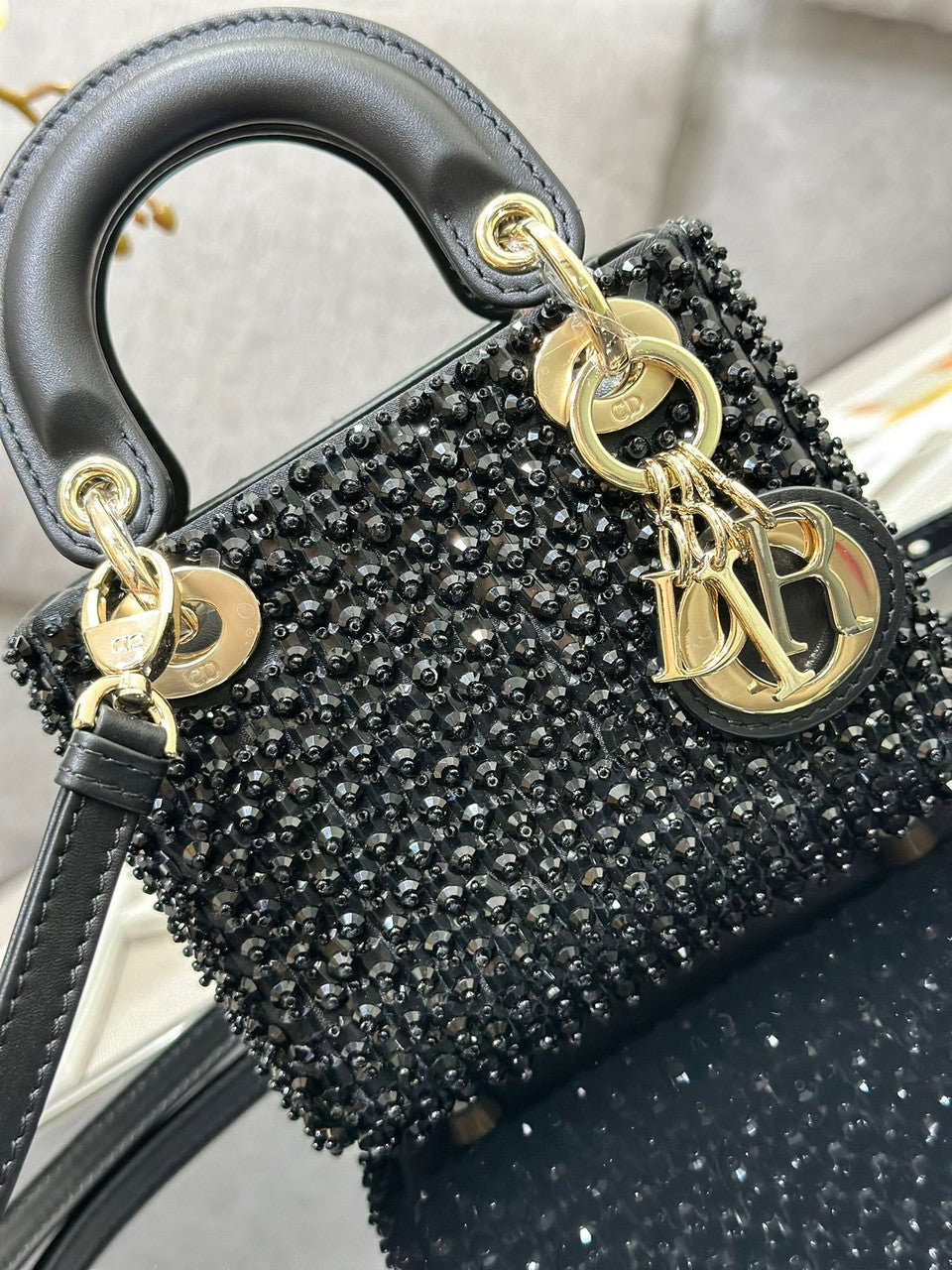 Christian Dior MINI LADY DIOR BAG Square-Motif Embroidery Set with black Strass and White Round Beads