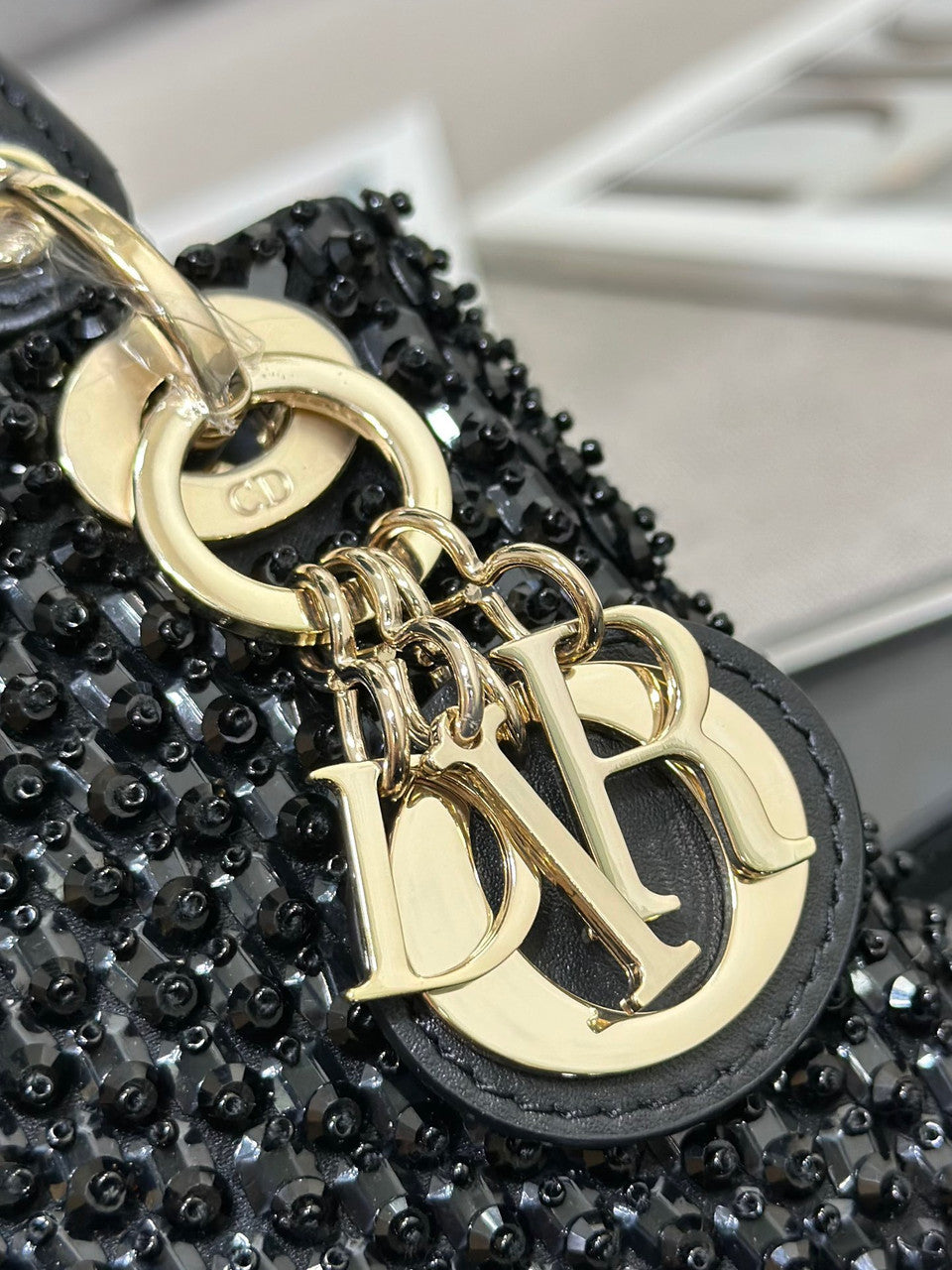 Christian Dior MINI LADY DIOR BAG Square-Motif Embroidery Set with black Strass and White Round Beads