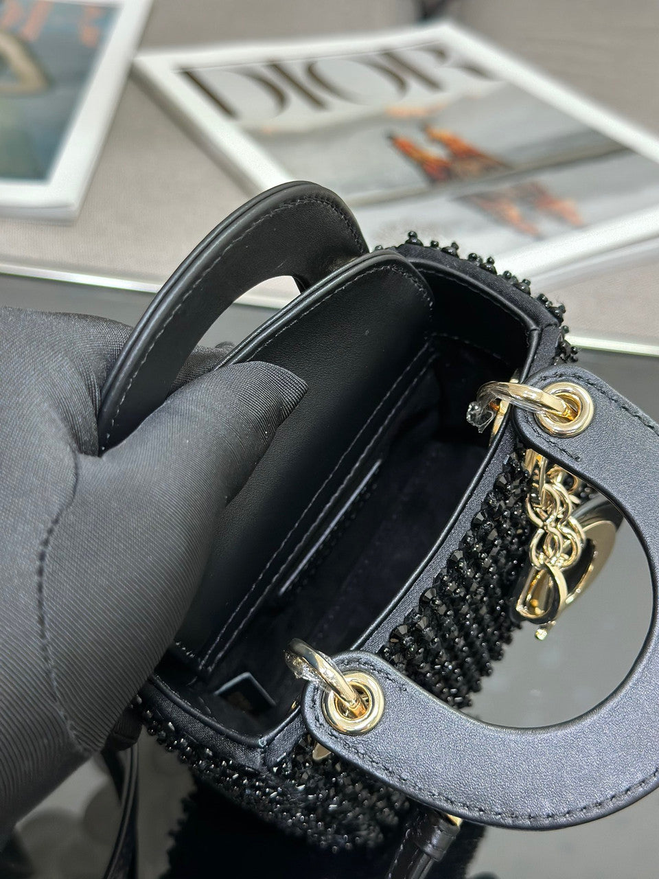 Christian Dior MINI LADY DIOR BAG Square-Motif Embroidery Set with black Strass and White Round Beads