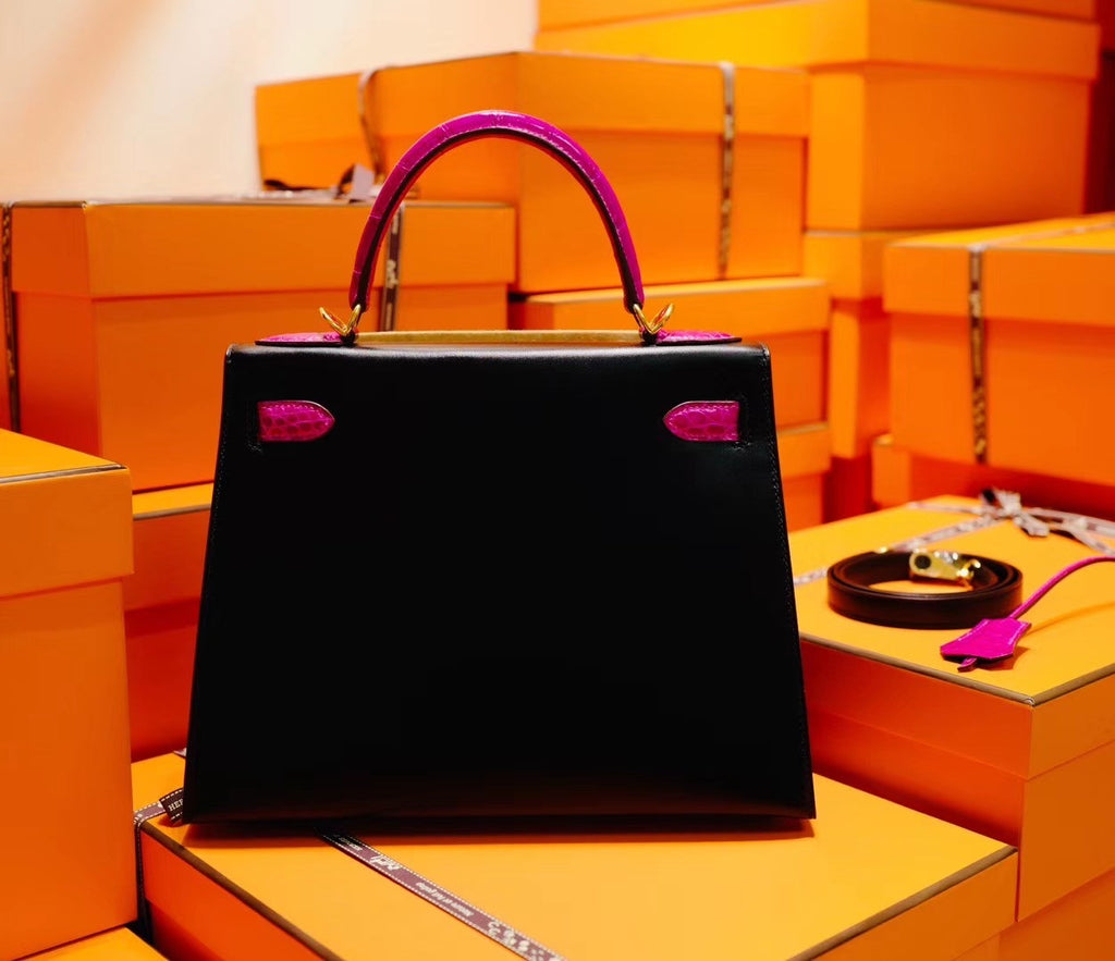 Hermès Special Order Black/ J5 - Rose Sheherzade Kelly 28 Box Leather  Gold Hardware with crocodile handle