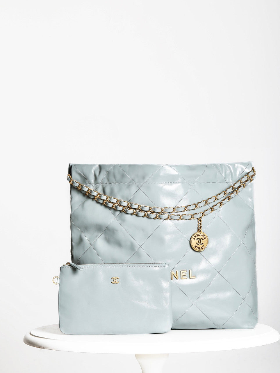 CHANEL 22 HANDBAG Light Blue with Silver Hardware Medium SS 2023