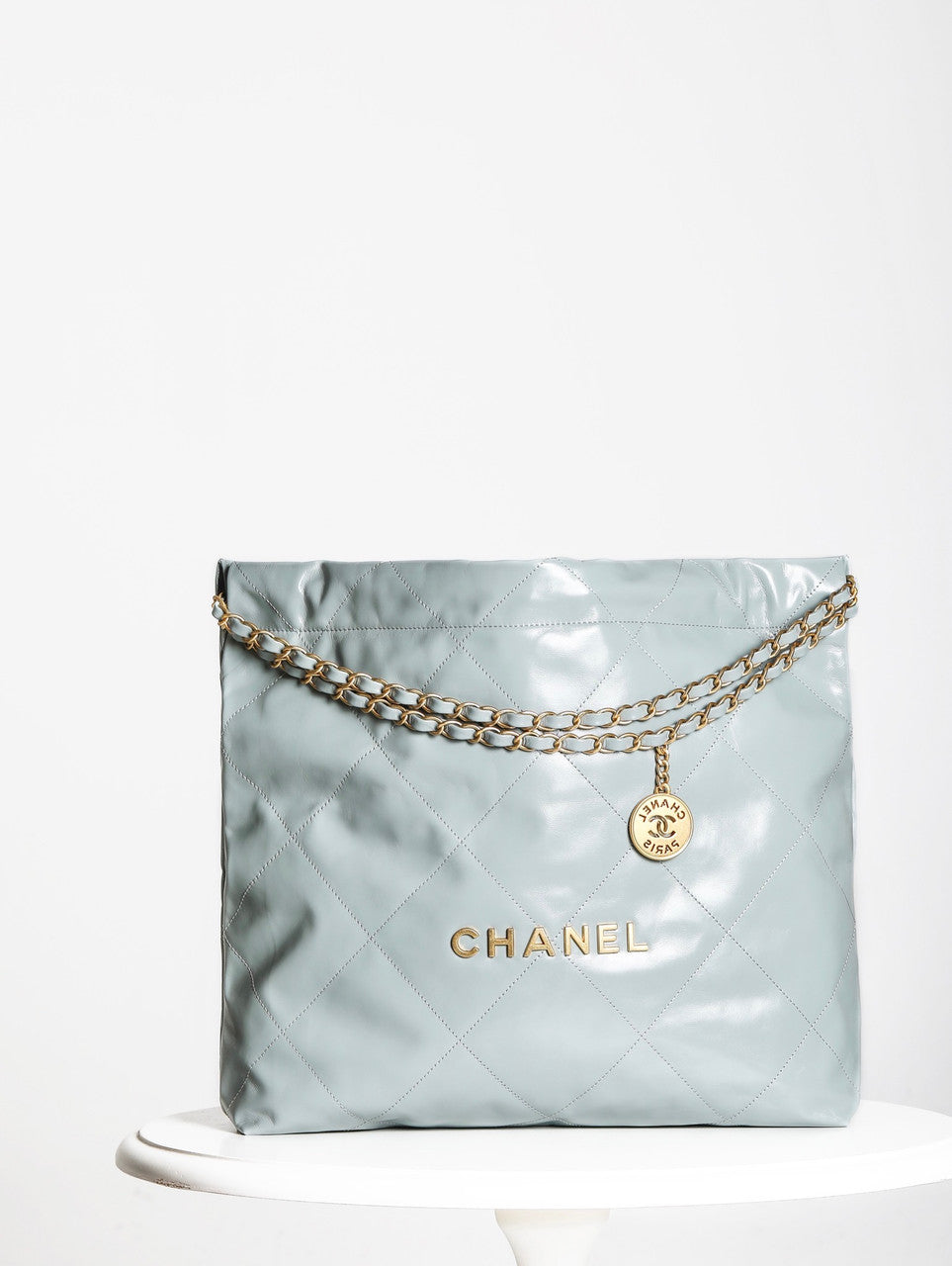 CHANEL 22 HANDBAG Light Blue with Silver Hardware Medium SS 2023