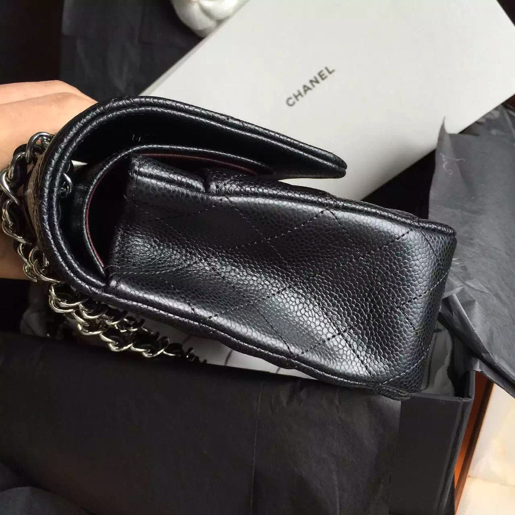 CHANEL Classic Flap Bag Black Caviar Leather with Silver HW Medium A01112
