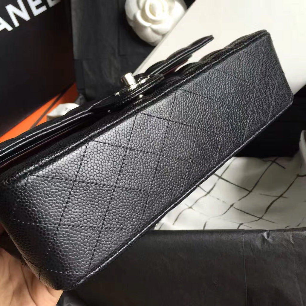 CHANEL Classic Flap Bag Black Caviar Leather with Silver HW Medium A01112