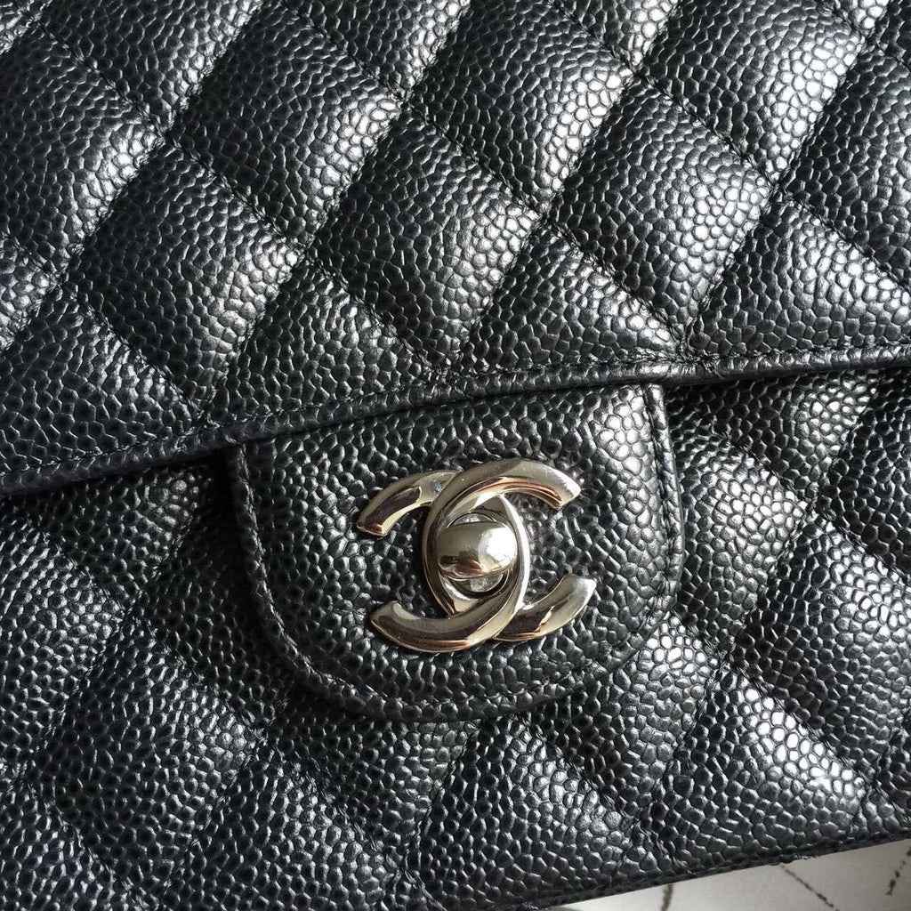 CHANEL Classic Flap Bag Black Caviar Leather with Silver HW Medium A01112