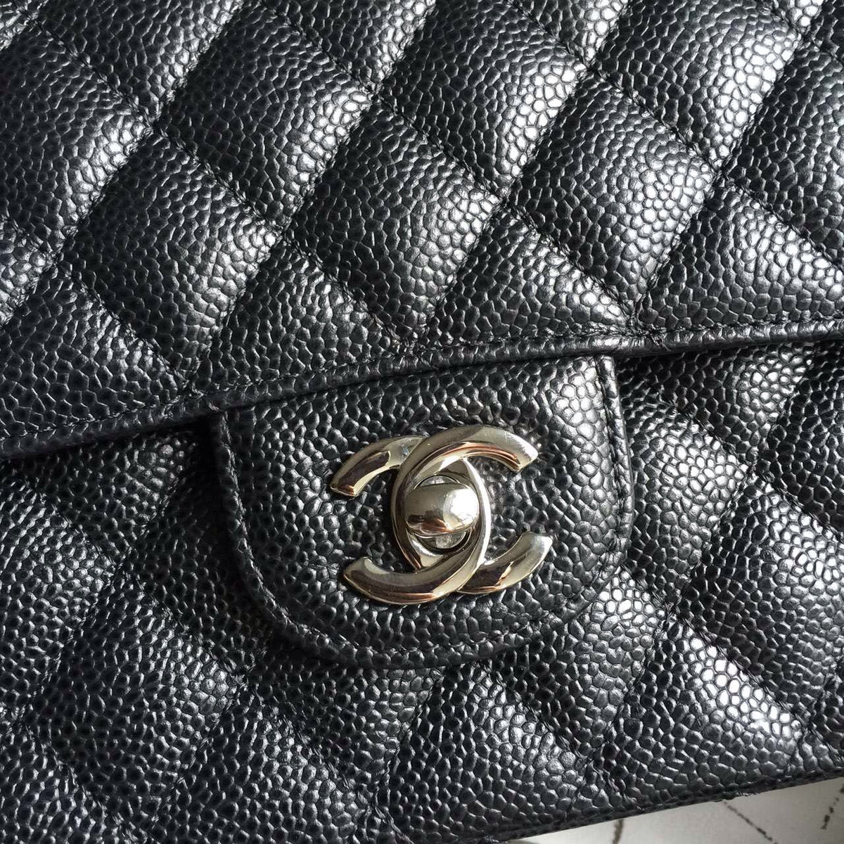 CHANEL Classic Flap Bag Black Caviar Leather with Silver HW Medium A01112