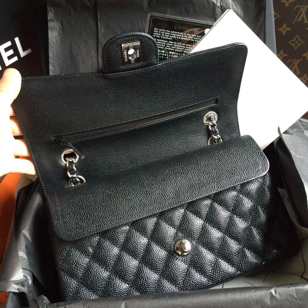 CHANEL Classic Flap Bag Black Caviar Leather with Silver HW Medium A01112