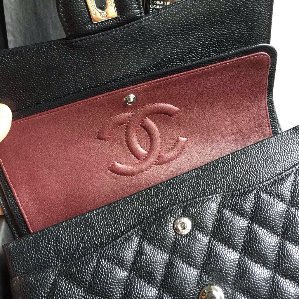 CHANEL Classic Flap Bag Black Caviar Leather with Silver HW Medium A01112