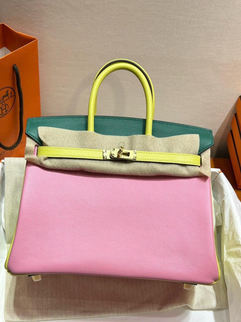Hermes Special Order Tri Colour Rose Sakura/Jaune Poussin/Vert Vertigo  Birkin 25 in Swift with Gold hardware