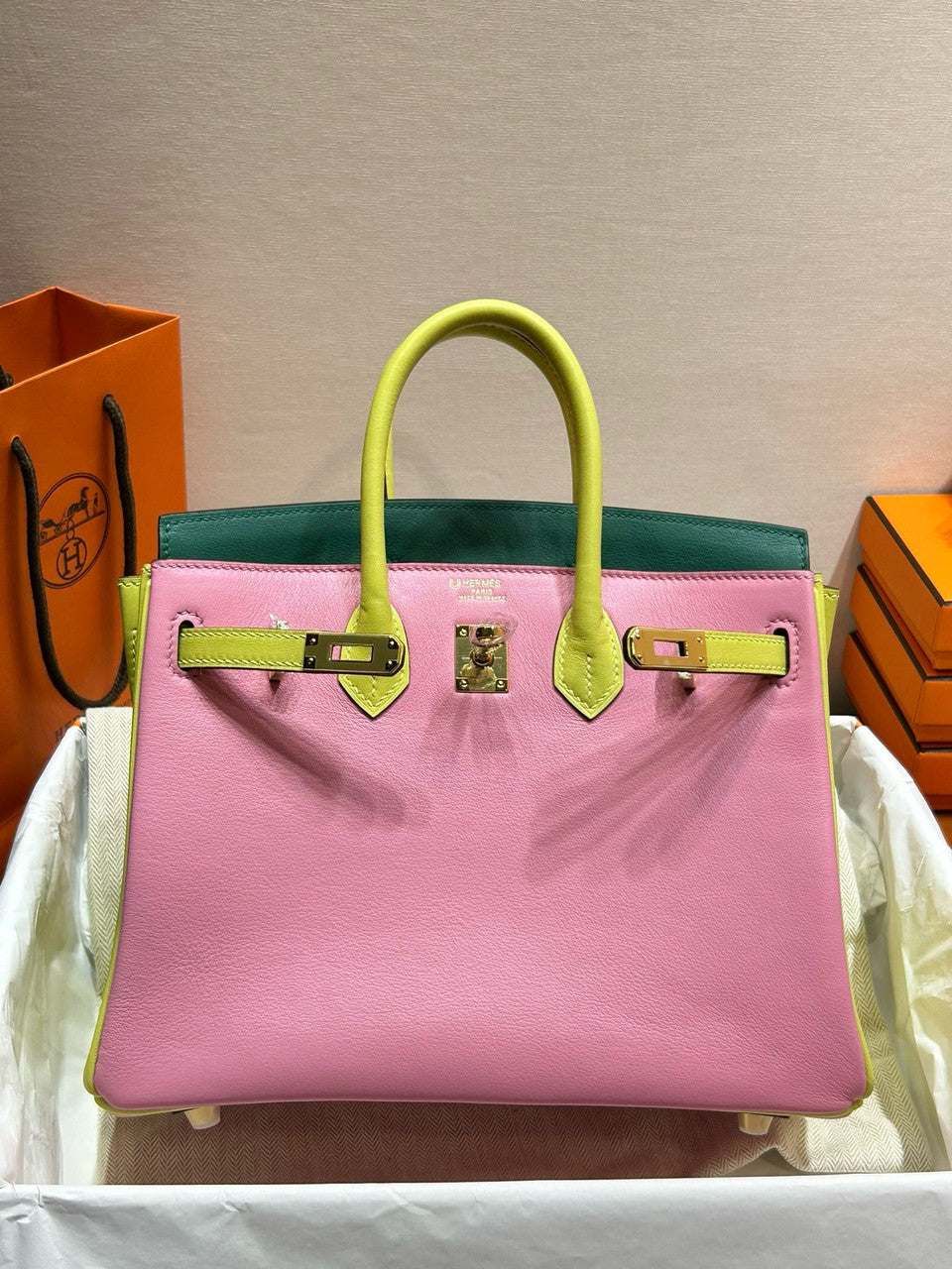 Hermes Special Order Tri Colour Rose Sakura/Jaune Poussin/Vert Vertigo  Birkin 25 in Swift with Gold hardware