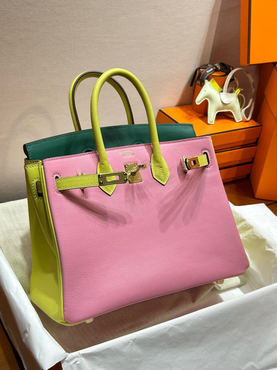 Hermes Special Order Tri Colour Rose Sakura/Jaune Poussin/Vert Vertigo  Birkin 25 in Swift with Gold hardware
